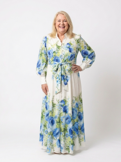 Women's Floral Maxi Dress with Button Front for Daytime