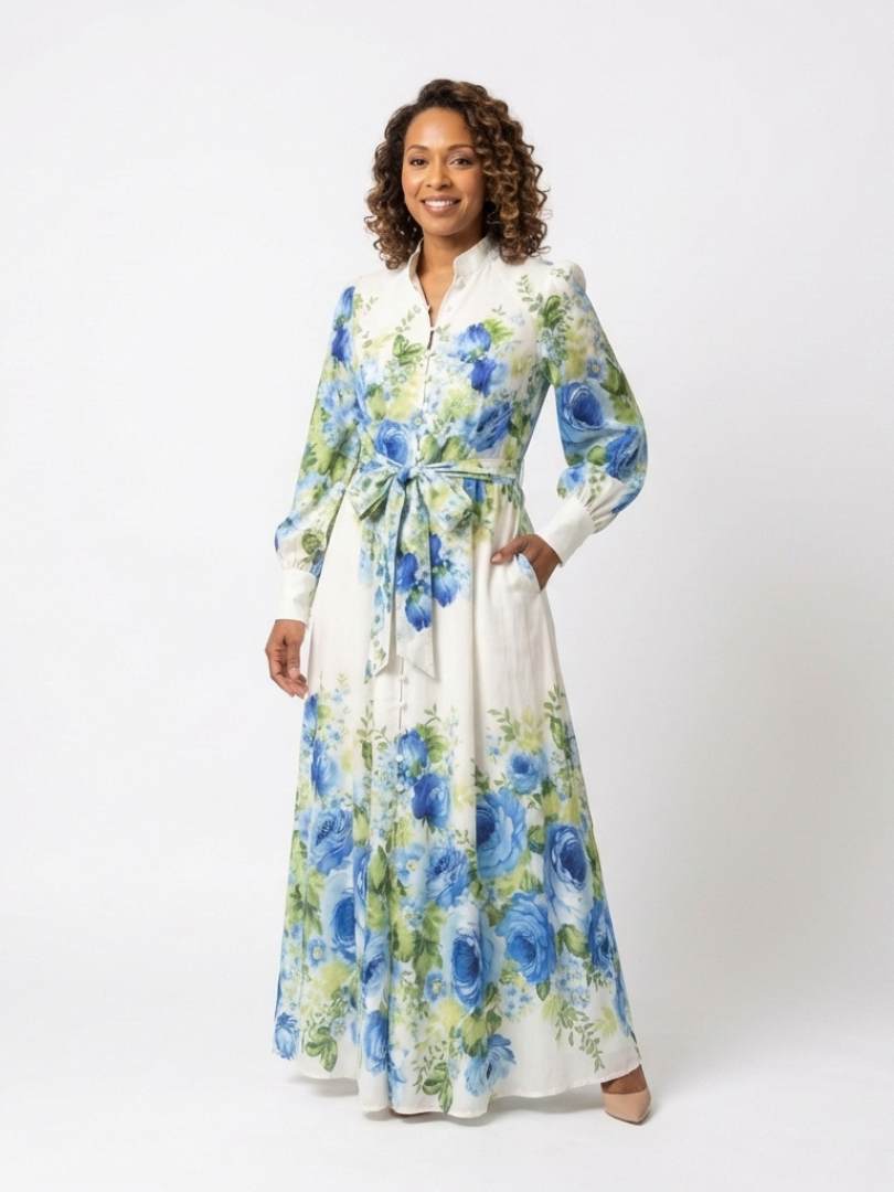 Women's Floral Maxi Dress with Button Front for Daytime