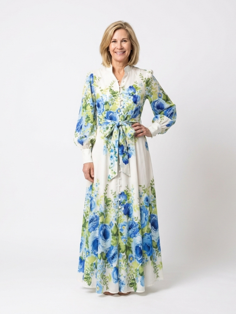 Women's Floral Maxi Dress with Button Front for Daytime