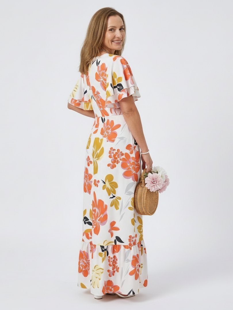 Women's Floral Maxi Dress with Flutter Sleeves for Garden Party