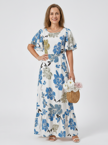 Women's Floral Maxi Dress with Flutter Sleeves for Garden Party