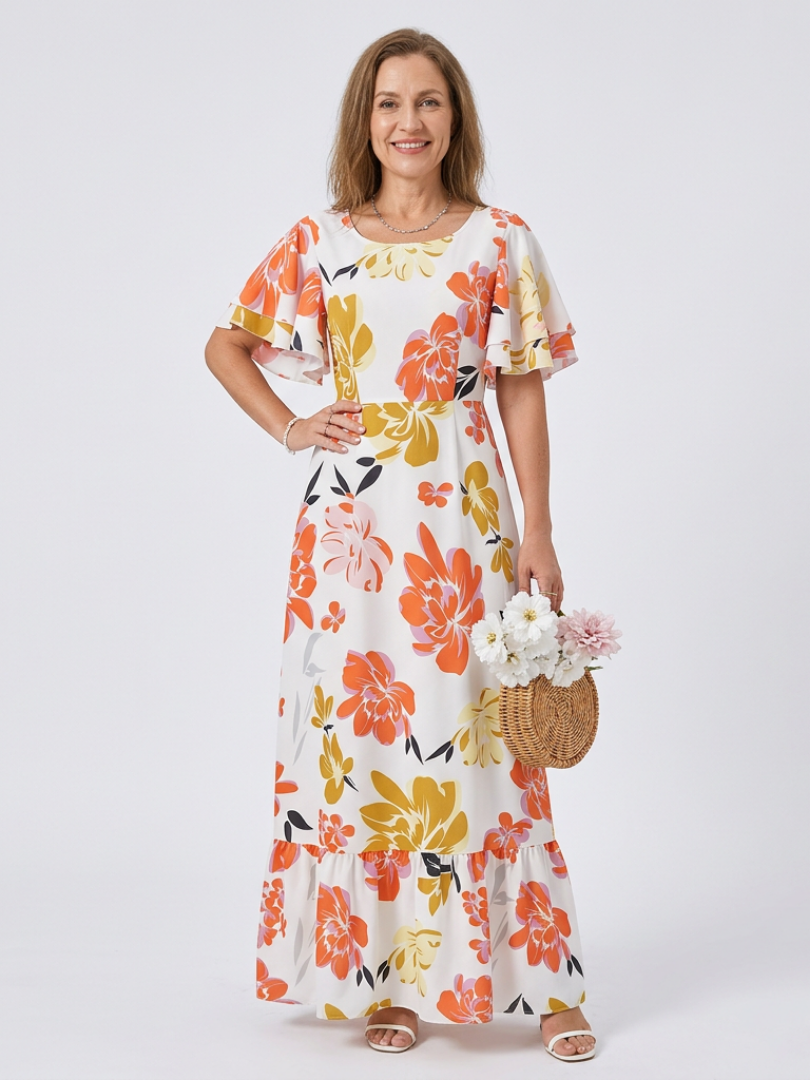 Women's Floral Maxi Dress with Flutter Sleeves for Garden Party