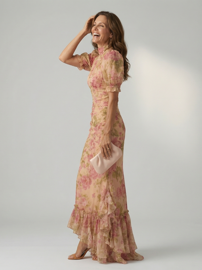 Women's Floral Maxi Dress with High Neck and Puff Sleeves