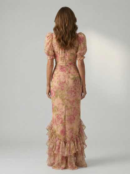 Women's Floral Maxi Dress with High Neck and Puff Sleeves