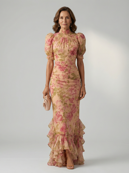 Women's Floral Maxi Dress with High Neck and Puff Sleeves
