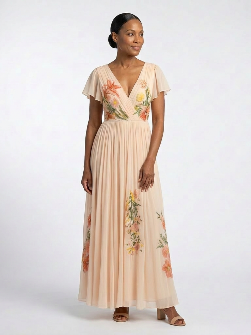 Women's Floral Maxi Dress with Pleated Skirt for Wedding