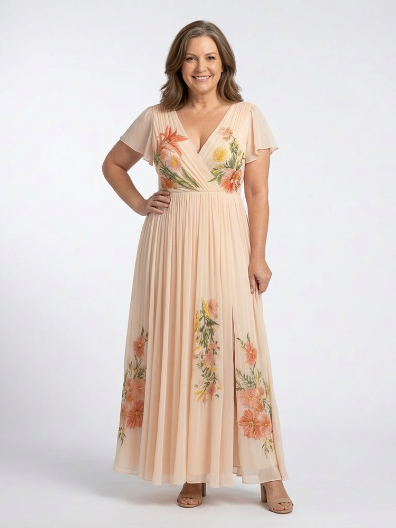 Women's Floral Maxi Dress with Pleated Skirt for Wedding