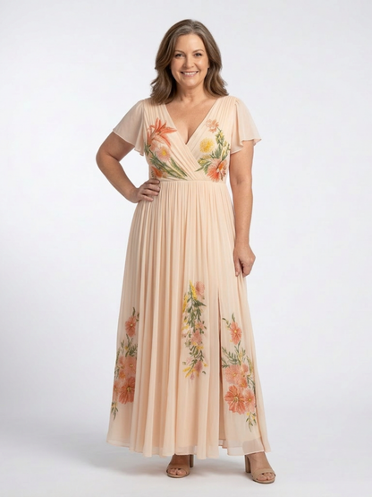 Women's Floral Maxi Dress with Pleated Skirt for Wedding