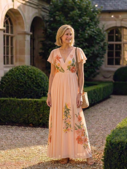 Women's Floral Maxi Dress with Pleated Skirt for Wedding