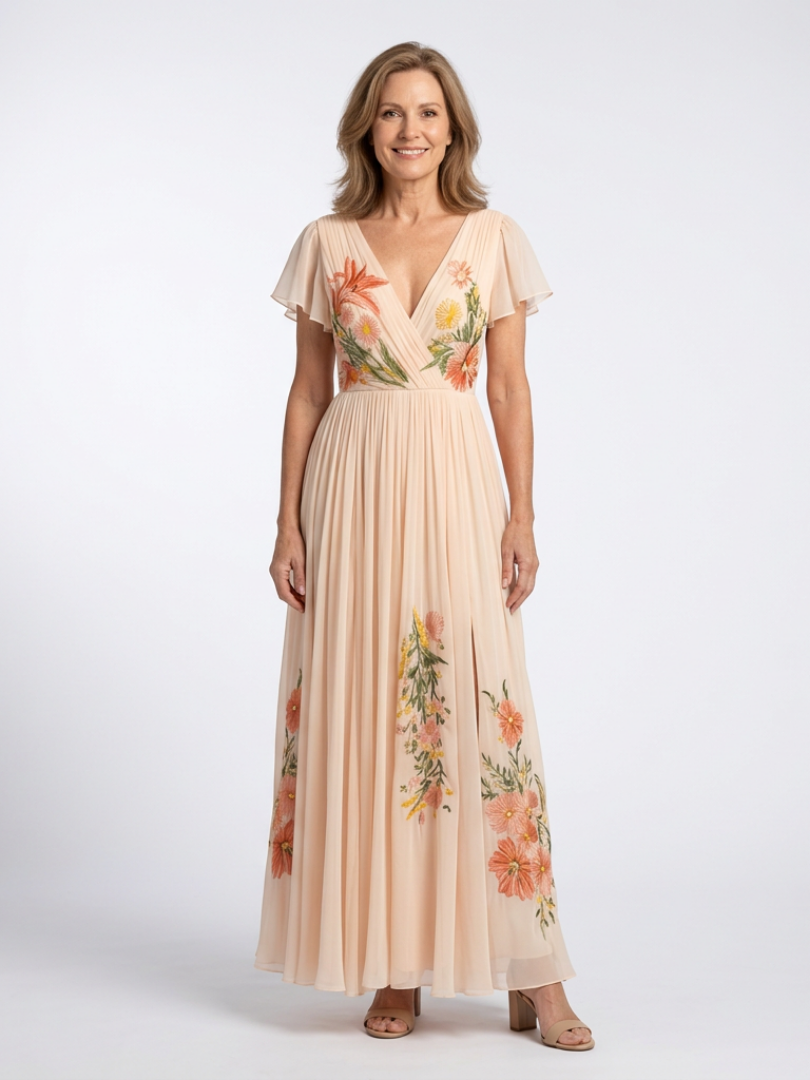 Women's Floral Maxi Dress with Pleated Skirt for Wedding