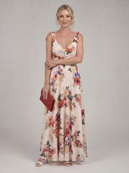 Women's Floral Maxi Dress with Sleeveless Bodice Parties