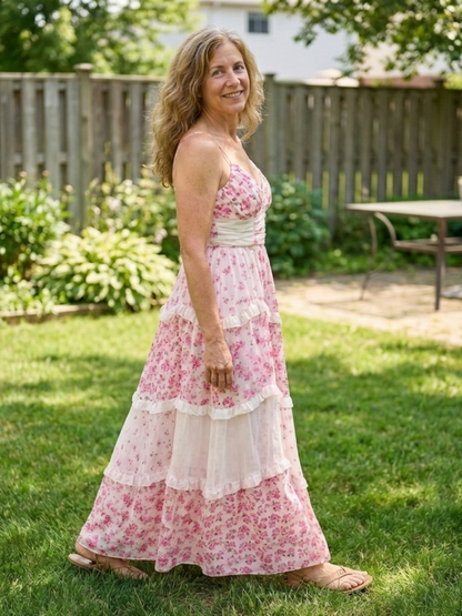 Women's Floral Maxi Dress with Spaghetti Strap Ruched Bodice