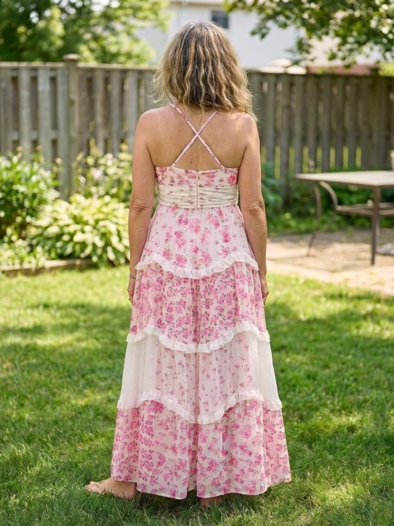 Women's Floral Maxi Dress with Spaghetti Strap Ruched Bodice
