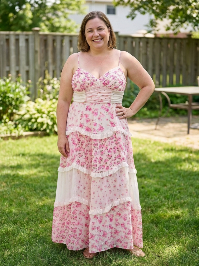 Women's Floral Maxi Dress with Spaghetti Strap Ruched Bodice