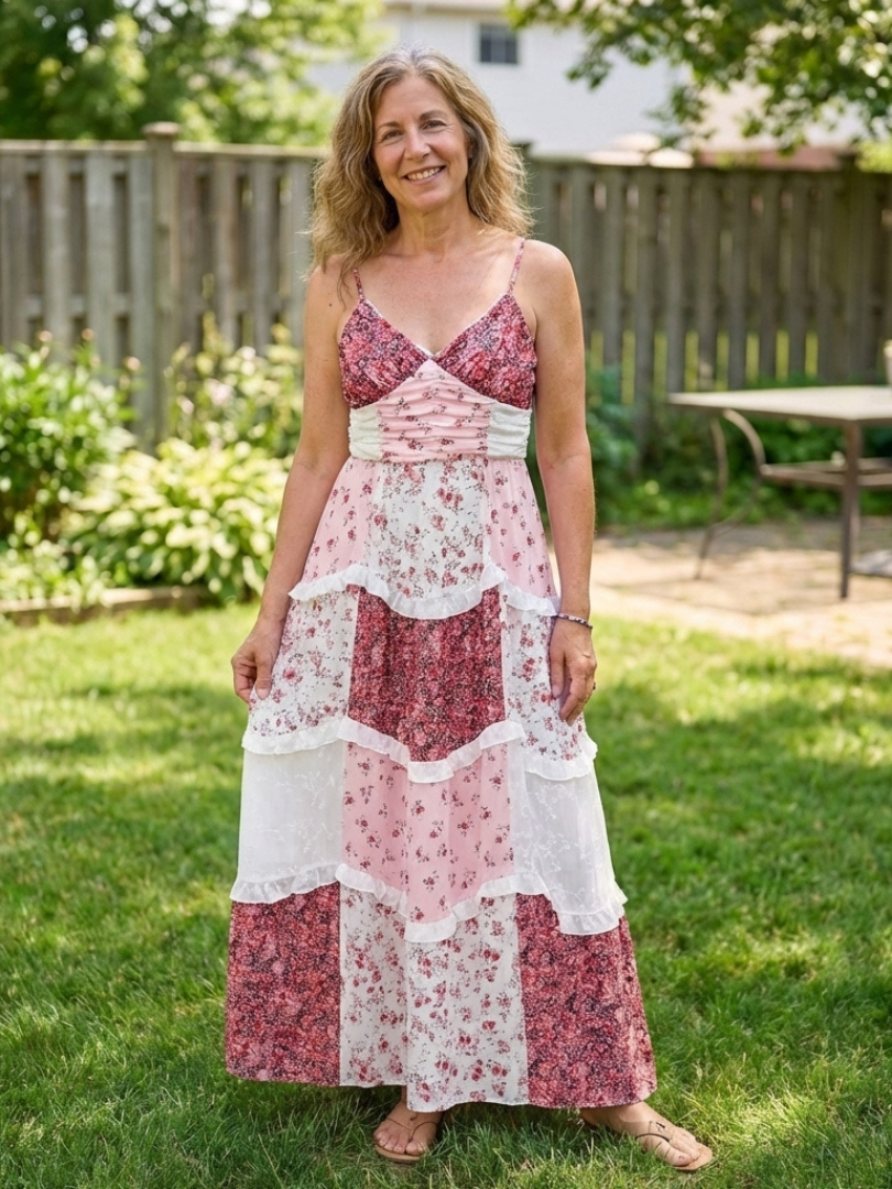 Women's Floral Maxi Dress with Spaghetti Strap Ruched Bodice