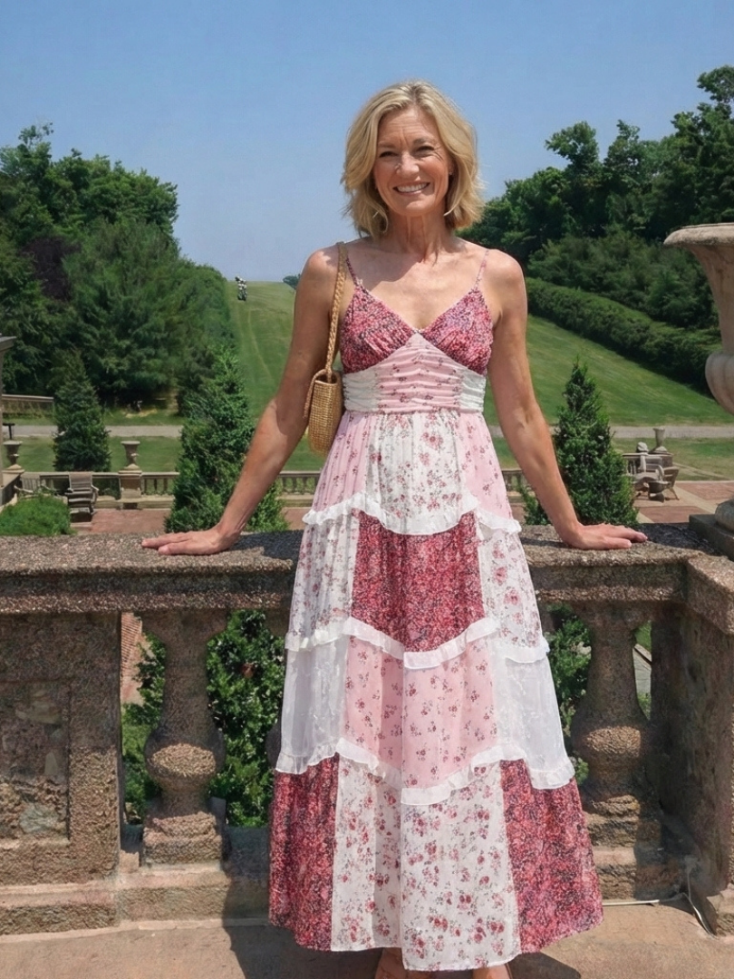 Women's Floral Maxi Dress with Spaghetti Strap Ruched Bodice