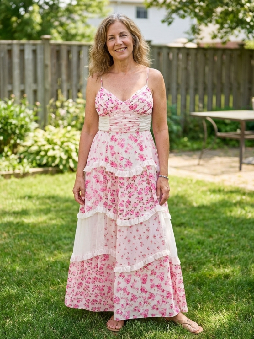 Women's Floral Maxi Dress with Spaghetti Strap Ruched Bodice