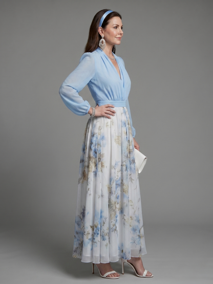 Women's Floral Maxi Dress with V-Neck Sheer Bodice