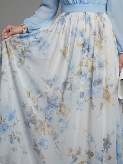 Women's Floral Maxi Dress with V-Neck Sheer Bodice