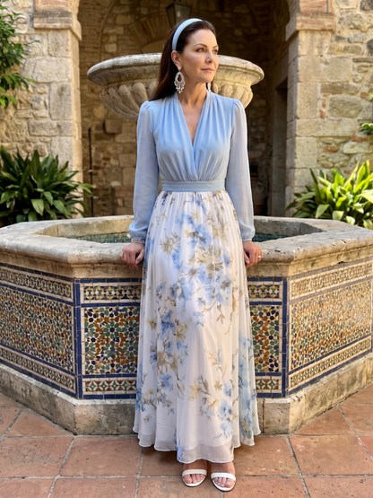 Women's Floral Maxi Dress with V-Neck Sheer Bodice
