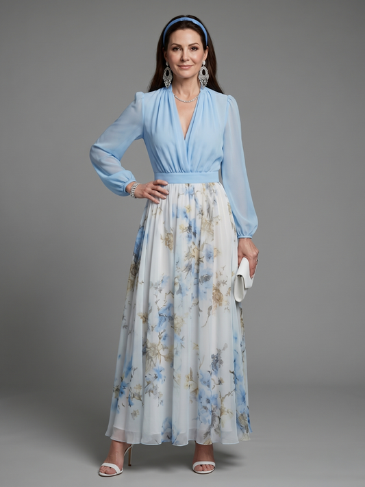 Women's Floral Maxi Dress with V-Neck Sheer Bodice