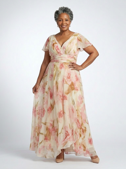 Women's Floral Maxi Dress with V-Neck for Evening Occasions