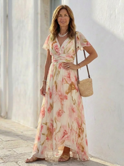 Women's Floral Maxi Dress with V-Neck for Evening Occasions