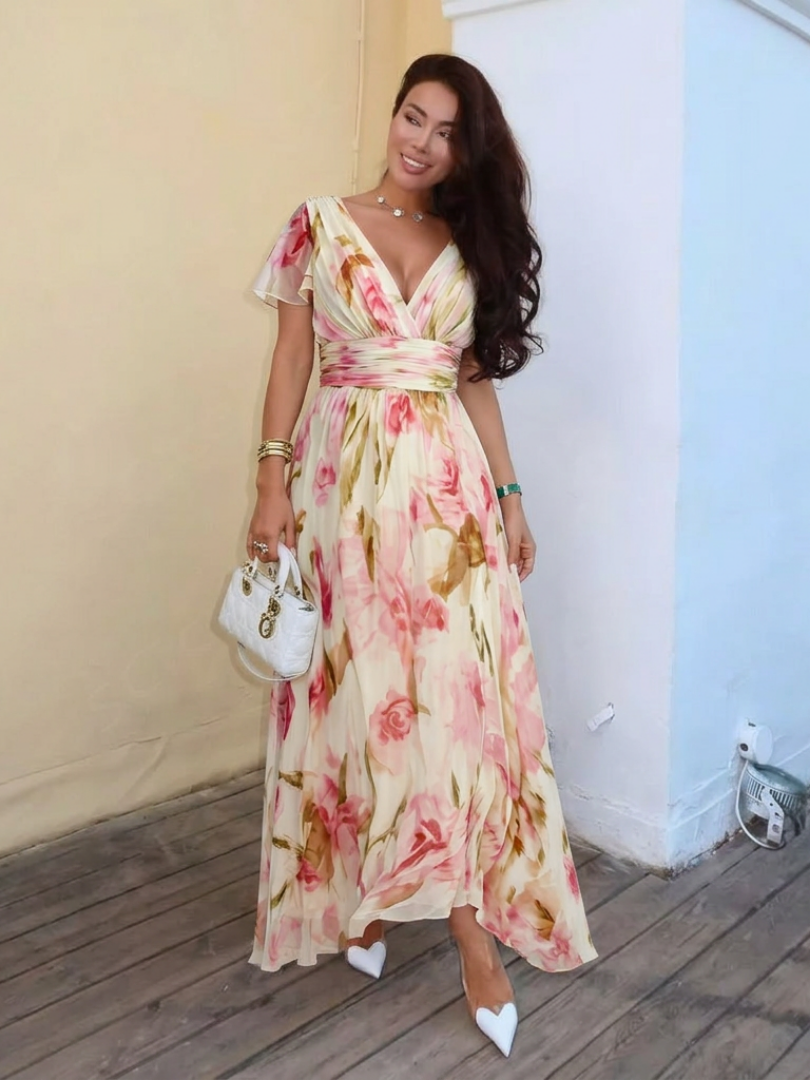 Women's Floral Maxi Dress with V-Neck for Evening Occasions