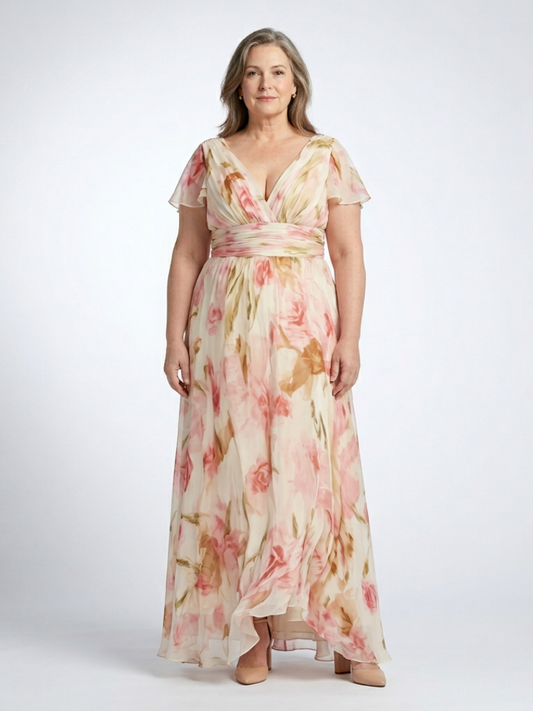 Women's Floral Maxi Dress with V-Neck for Evening Occasions