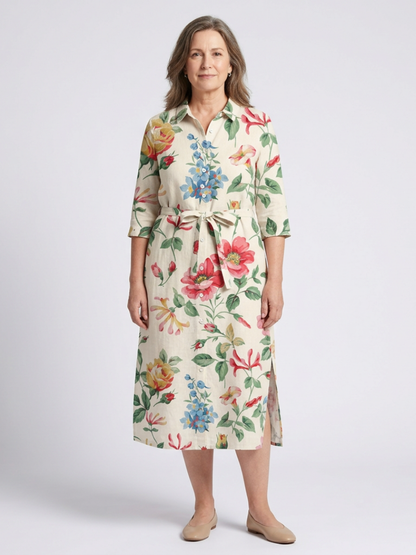 Women's Floral Midi Dress with Button Front for Party