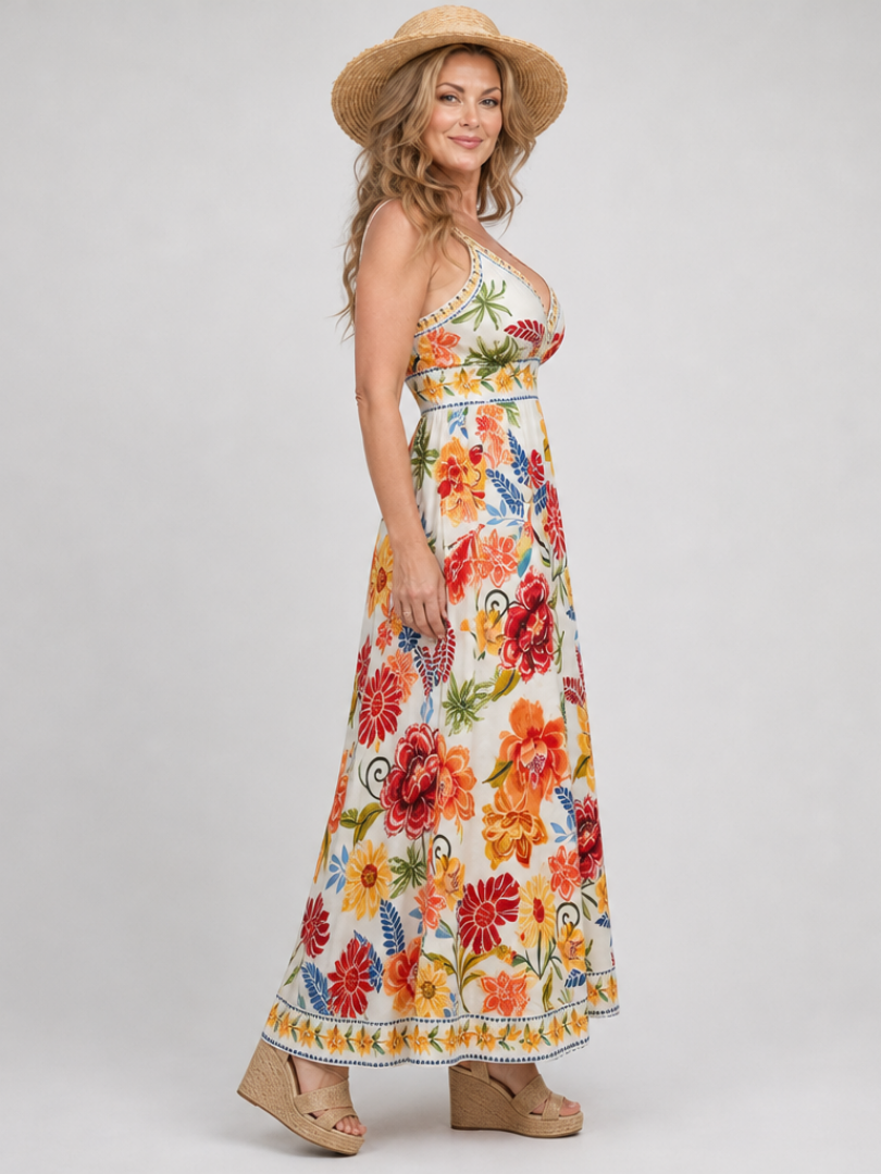 Women's Floral Midi Dress with Empire Waist for Beach Days