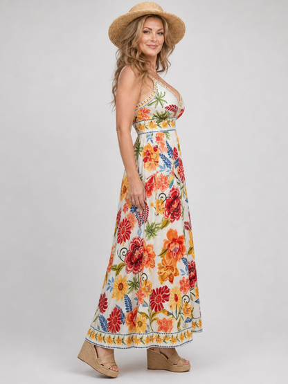 Women's Floral Midi Dress with Empire Waist for Beach Days