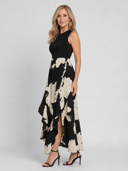 Women's Floral Midi Dress with High-Low Hem for Warm Days