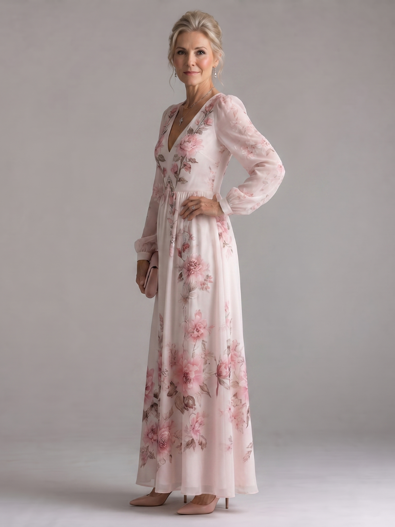 Women's Floral Midi Dress with Long Sleeves for Everyday