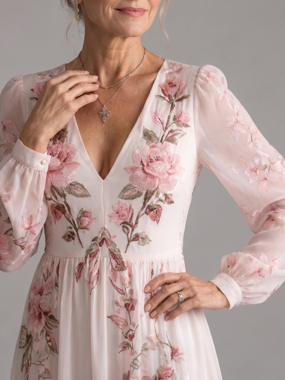 Women's Floral Midi Dress with Long Sleeves for Everyday