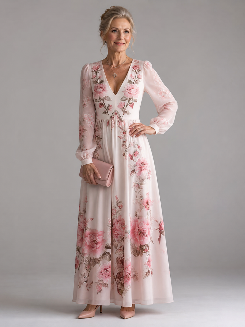 Women's Floral Midi Dress with Long Sleeves for Everyday