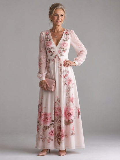 Women's Floral Midi Dress with Long Sleeves for Everyday