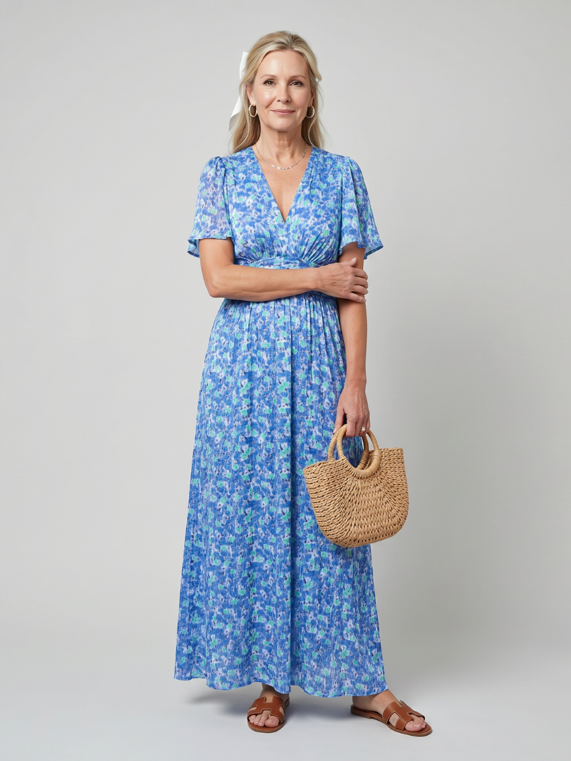 Women's Floral Midi Dress with Short Sleeve for Warm Days