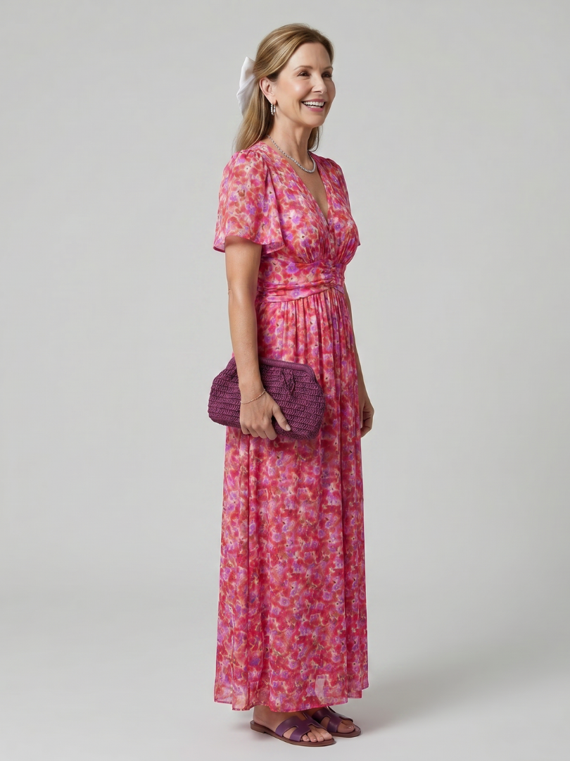 Women's Floral Midi Dress with Short Sleeve for Warm Days