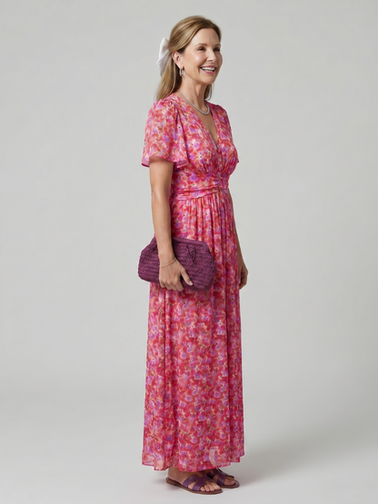 Women's Floral Midi Dress with Short Sleeve for Warm Days