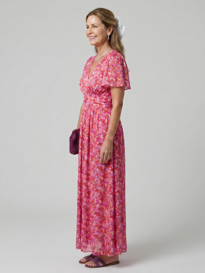 Women's Floral Midi Dress with Short Sleeve for Warm Days