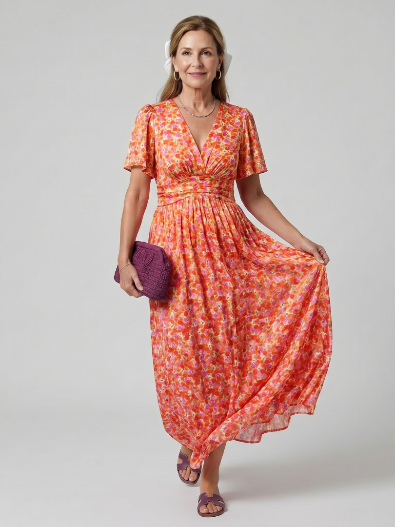 Women's Floral Midi Dress with Short Sleeve for Warm Days