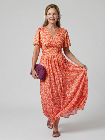 Women's Floral Midi Dress with Short Sleeve for Warm Days
