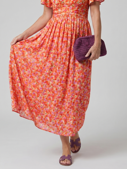 Women's Floral Midi Dress with Short Sleeve for Warm Days