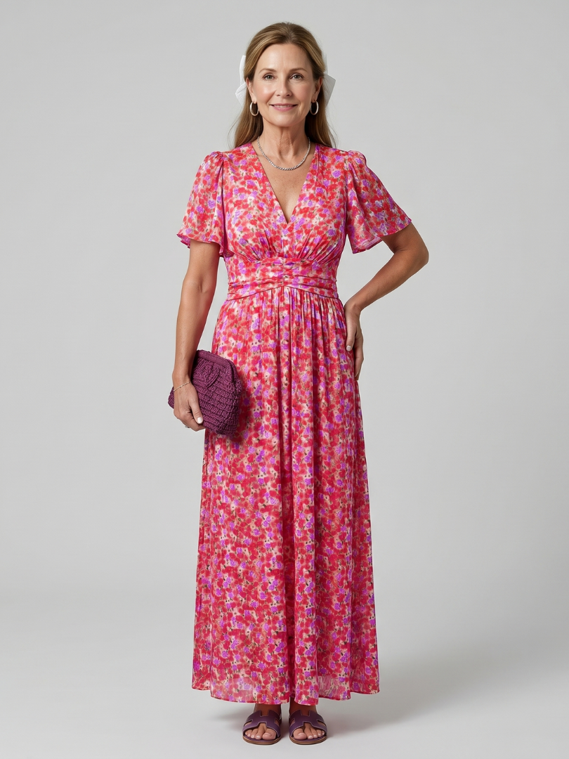 Women's Floral Midi Dress with Short Sleeve for Warm Days