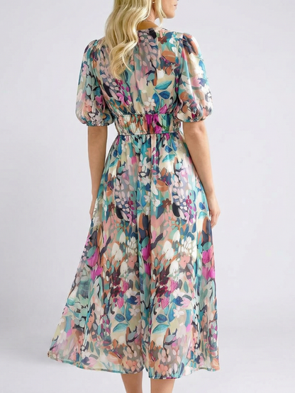 Women's Floral Midi Dress with V-Neck Gathered Waist