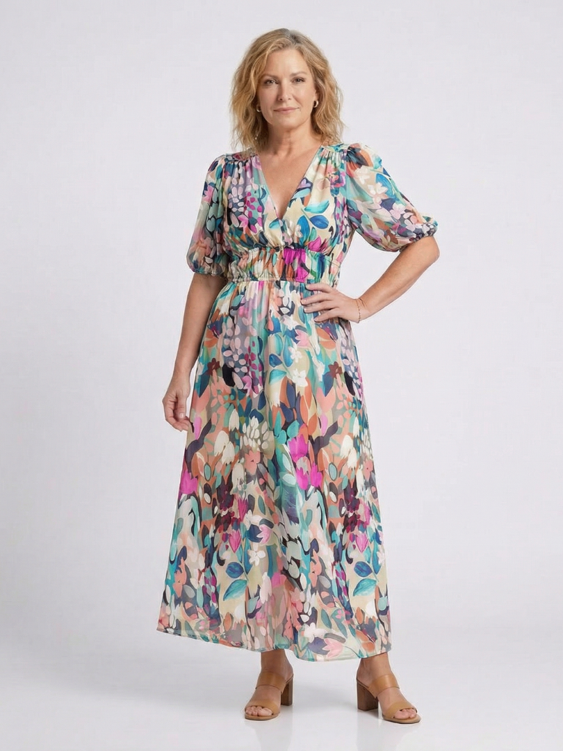 Women's Floral Midi Dress with V-Neck Gathered Waist
