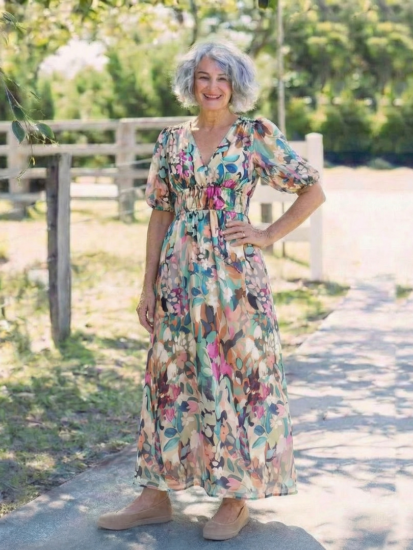 Women's Floral Midi Dress with V-Neck Gathered Waist