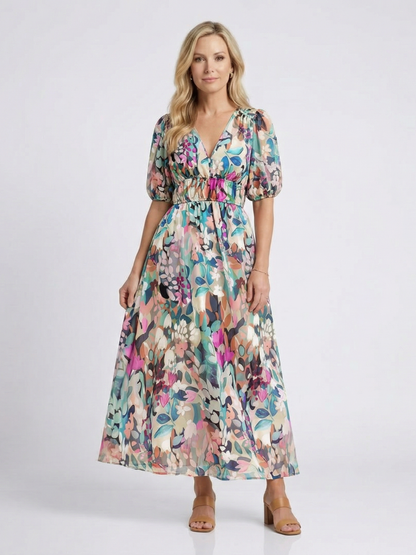 Women's Floral Midi Dress with V-Neck Gathered Waist