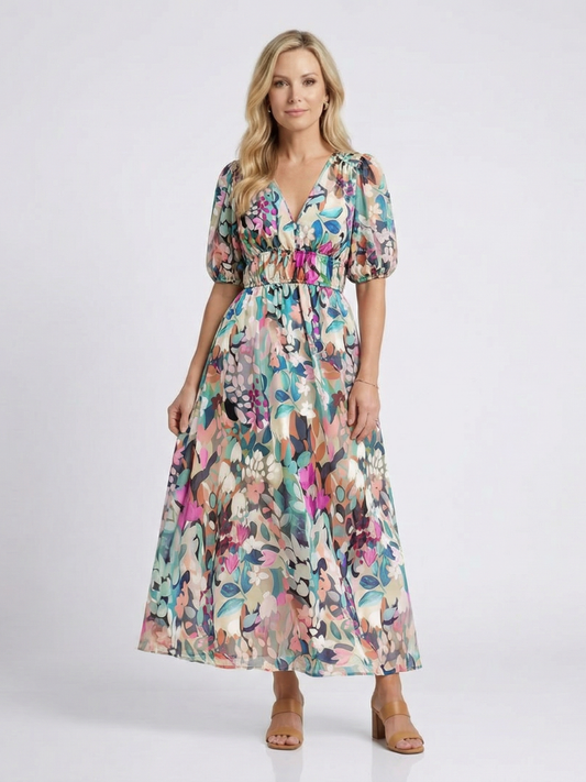 Women's Floral Midi Dress with V-Neck Gathered Waist